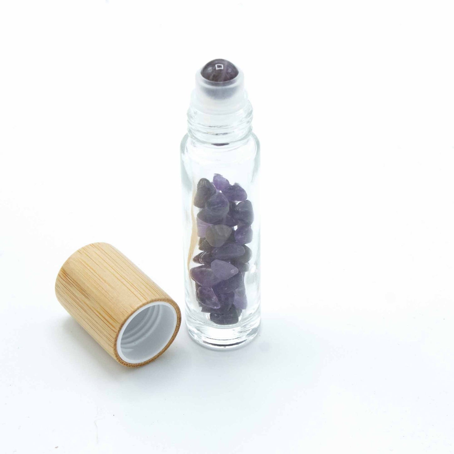 Gemstone Essential Oil Roller Bottle - Amethyst - Wooden Cap - Luna Temple