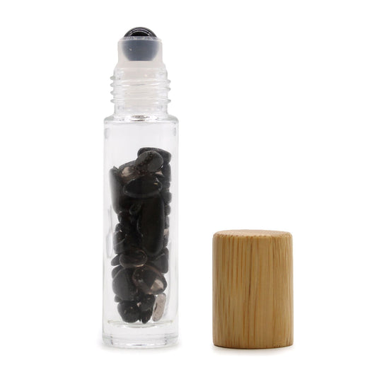 Gemstone Essential Oil Roller Bottle - Black Tourmaline - Wooden Cap - Luna Temple
