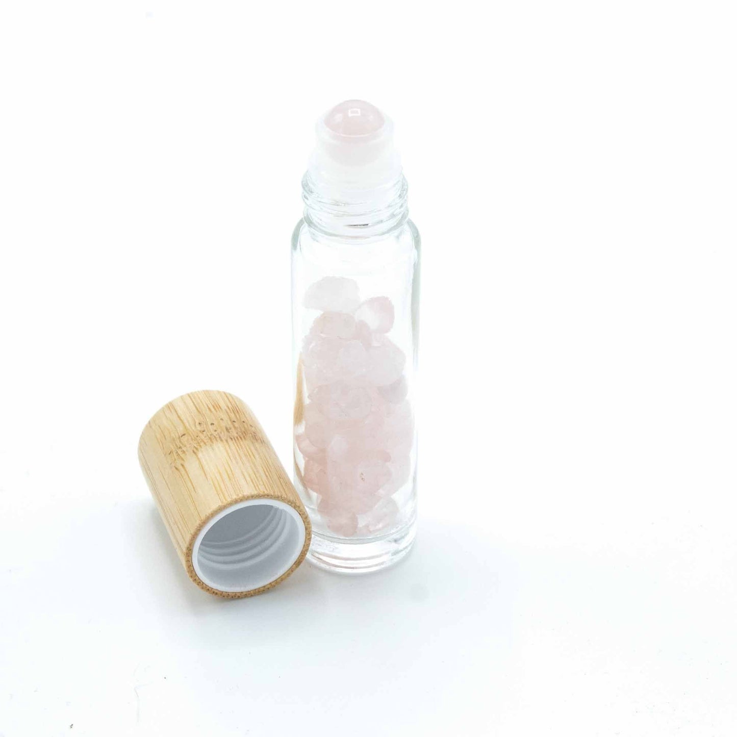 Gemstone Essential Oil Roller Bottle - Rose Quartz - Wooden Cap - Luna Temple