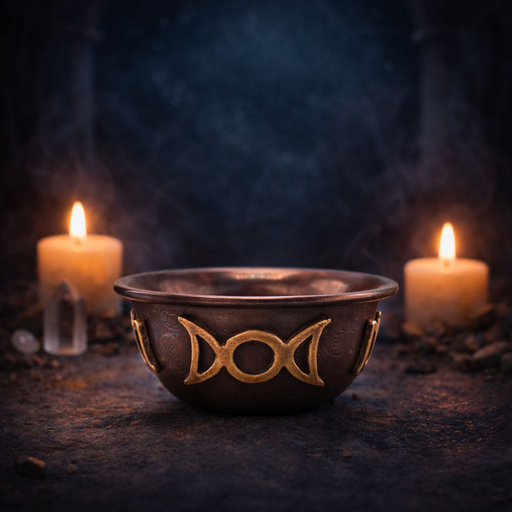 Antique Copper Ritual Bowl with Triple Moon