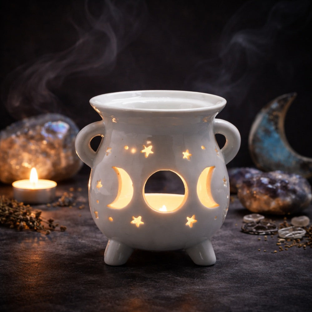 Cauldron Oil Burner – Moon Phase – White