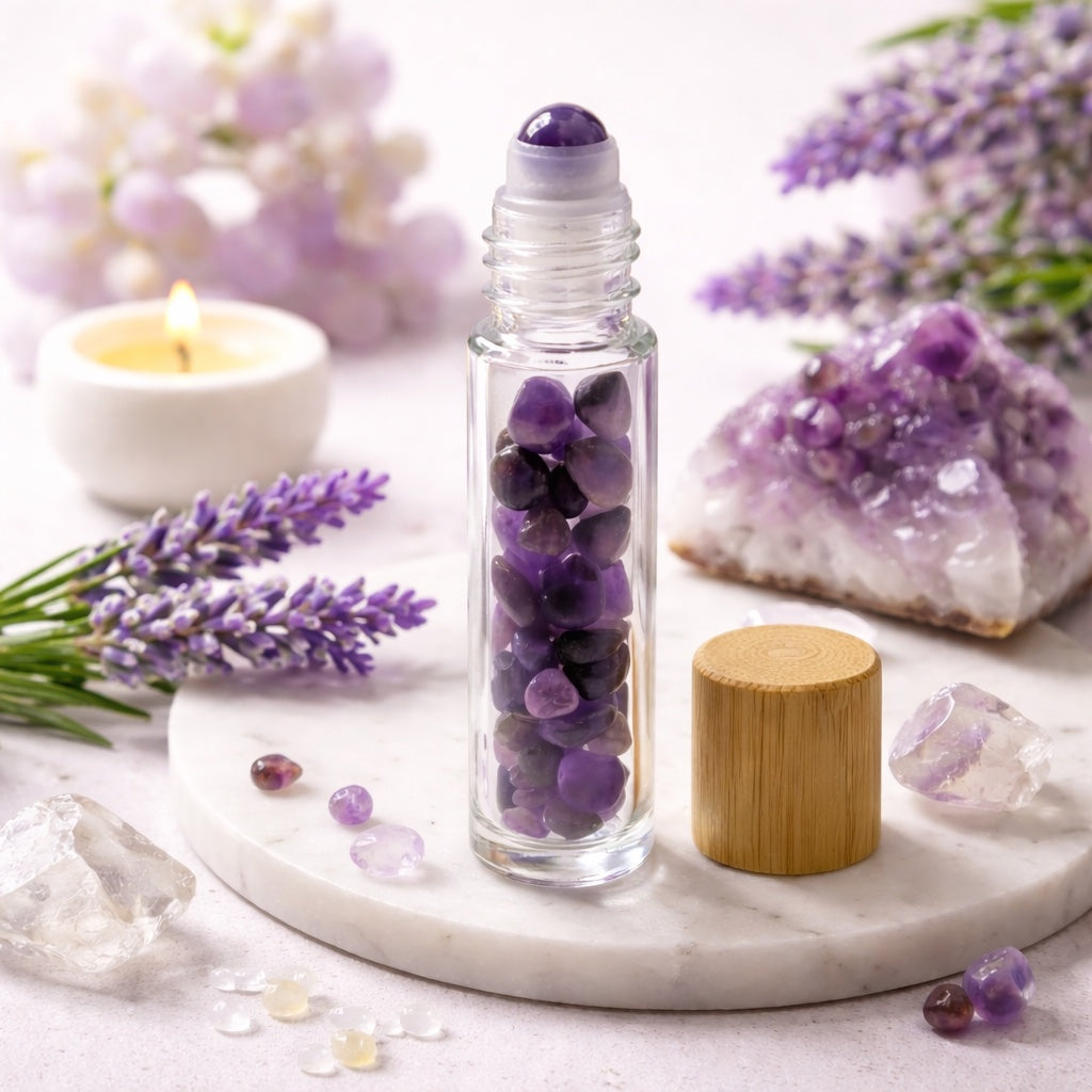 Gemstone Essential Oil Roller Bottle - Amethyst  - Wooden Cap