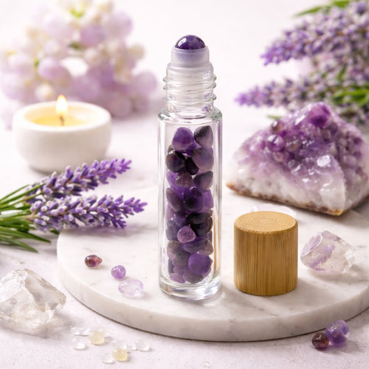 Gemstone Essential Oil Roller Bottle - Amethyst  - Wooden Cap