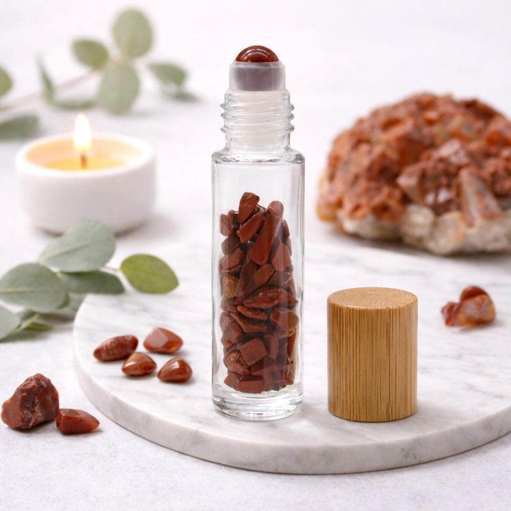 Gemstone Essential Oil Roller Bottle - Red Jasper  - Wooden Cap