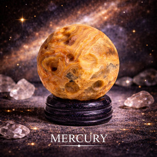 Crazy Lace Jasper Planet on a Sola Goldstone Stand (MERCURY) - Luna Temple
