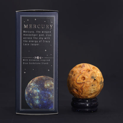 Crazy Lace Jasper Planet on a Sola Goldstone Stand (MERCURY) - Luna Temple