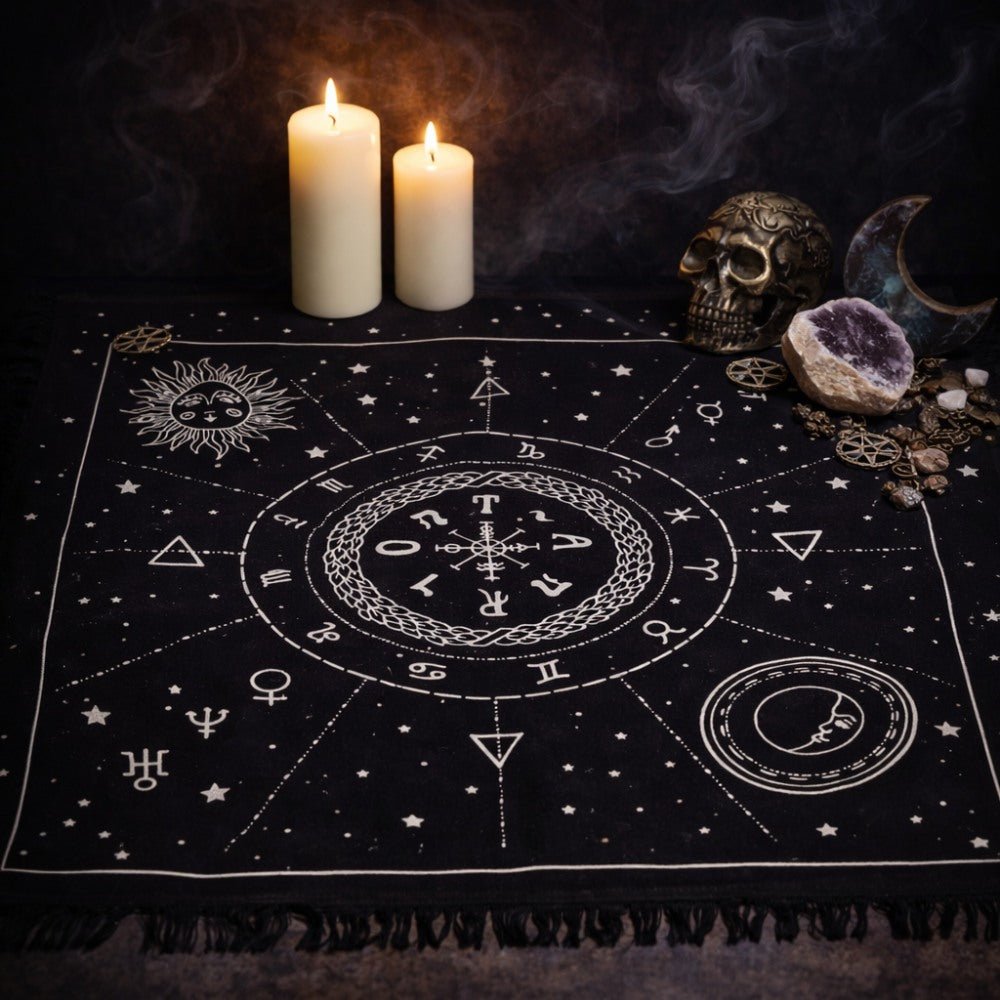 Esoteric Fringed Altar Cloth - Moon & Sun Chart - Luna Temple