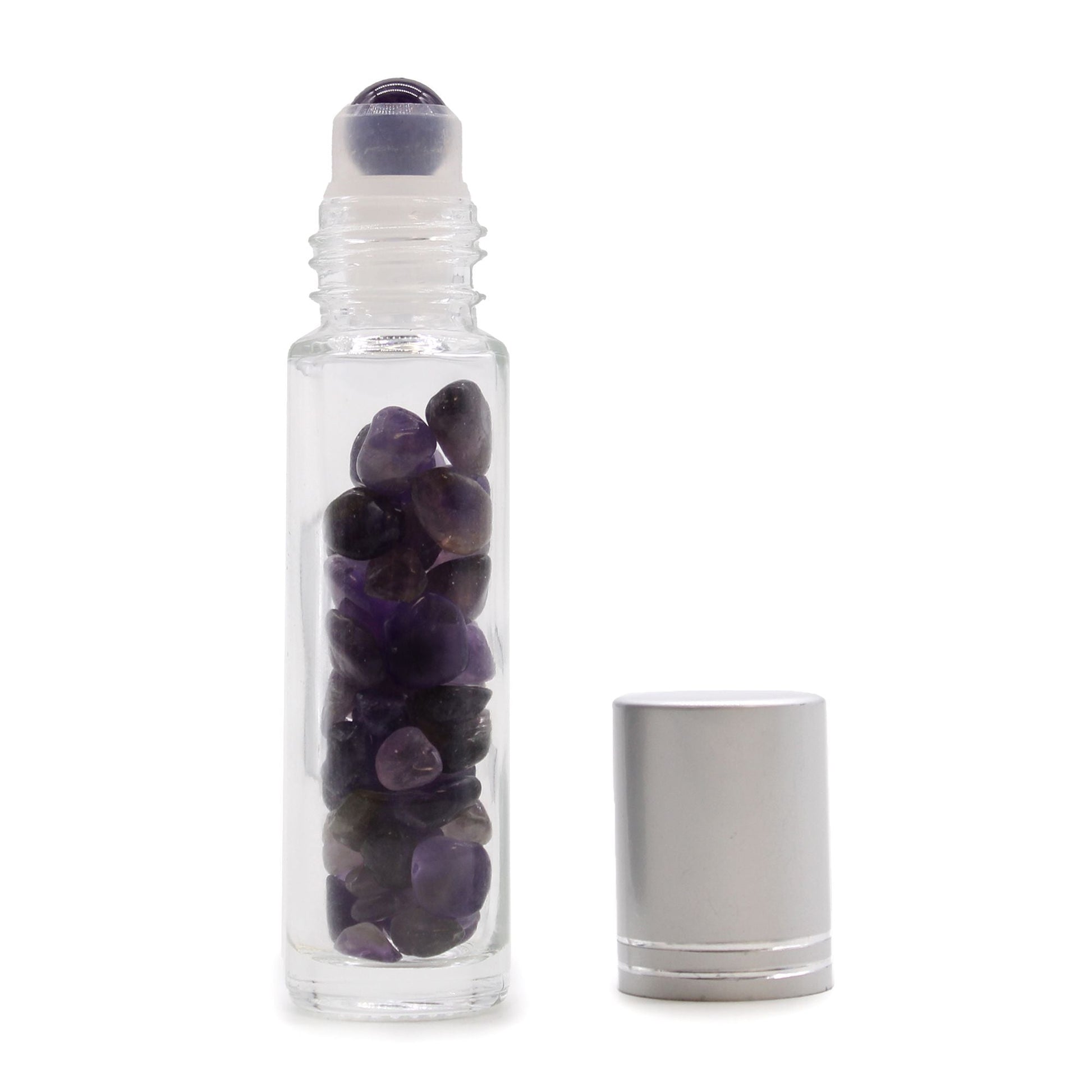Gemstone Essential Oil Roller Bottle - Amethyst - Silver Cap - Luna Temple
