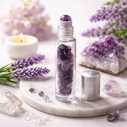 Gemstone Essential Oil Roller Bottle - Amethyst - Silver Cap - Luna Temple