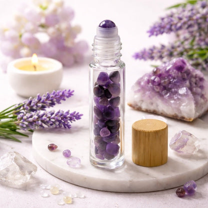 Gemstone Essential Oil Roller Bottle - Amethyst - Wooden Cap - Luna Temple