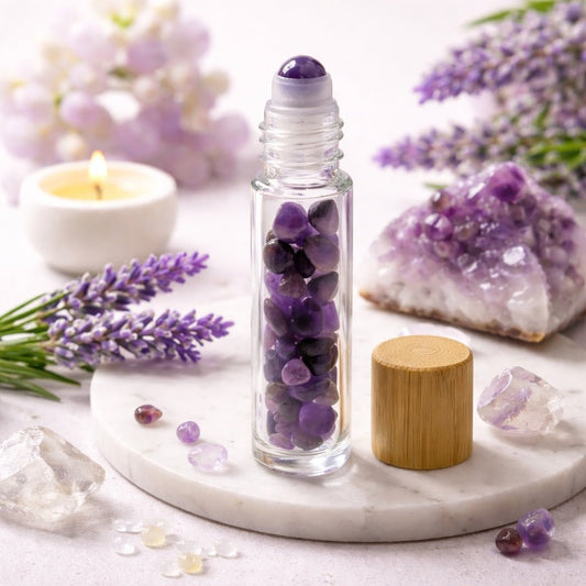 Gemstone Essential Oil Roller Bottle - Amethyst - Wooden Cap - Luna Temple