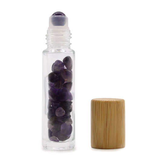 Gemstone Essential Oil Roller Bottle - Amethyst - Wooden Cap - Luna Temple
