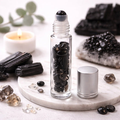 Gemstone Essential Oil Roller Bottle - Black Tourmaline - Silver Cap - Luna Temple