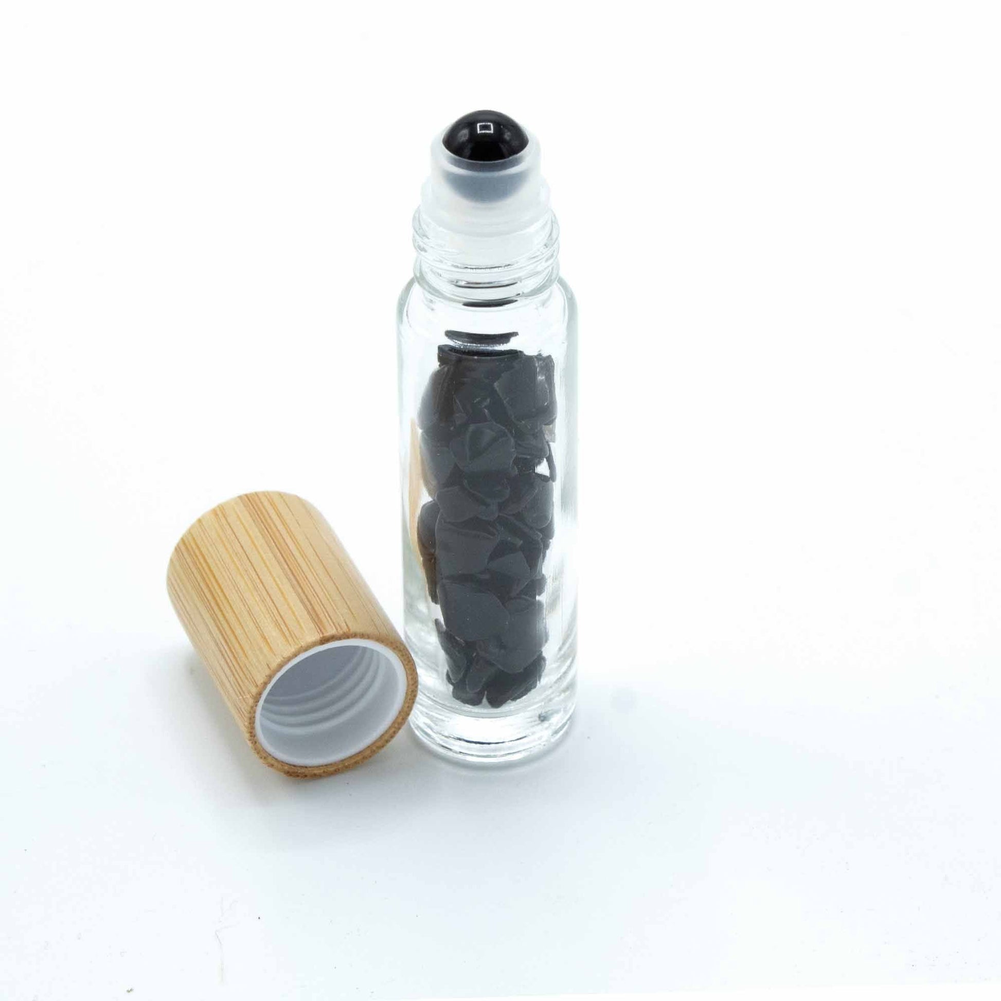 Gemstone Essential Oil Roller Bottle - Black Tourmaline - Wooden Cap - Luna Temple