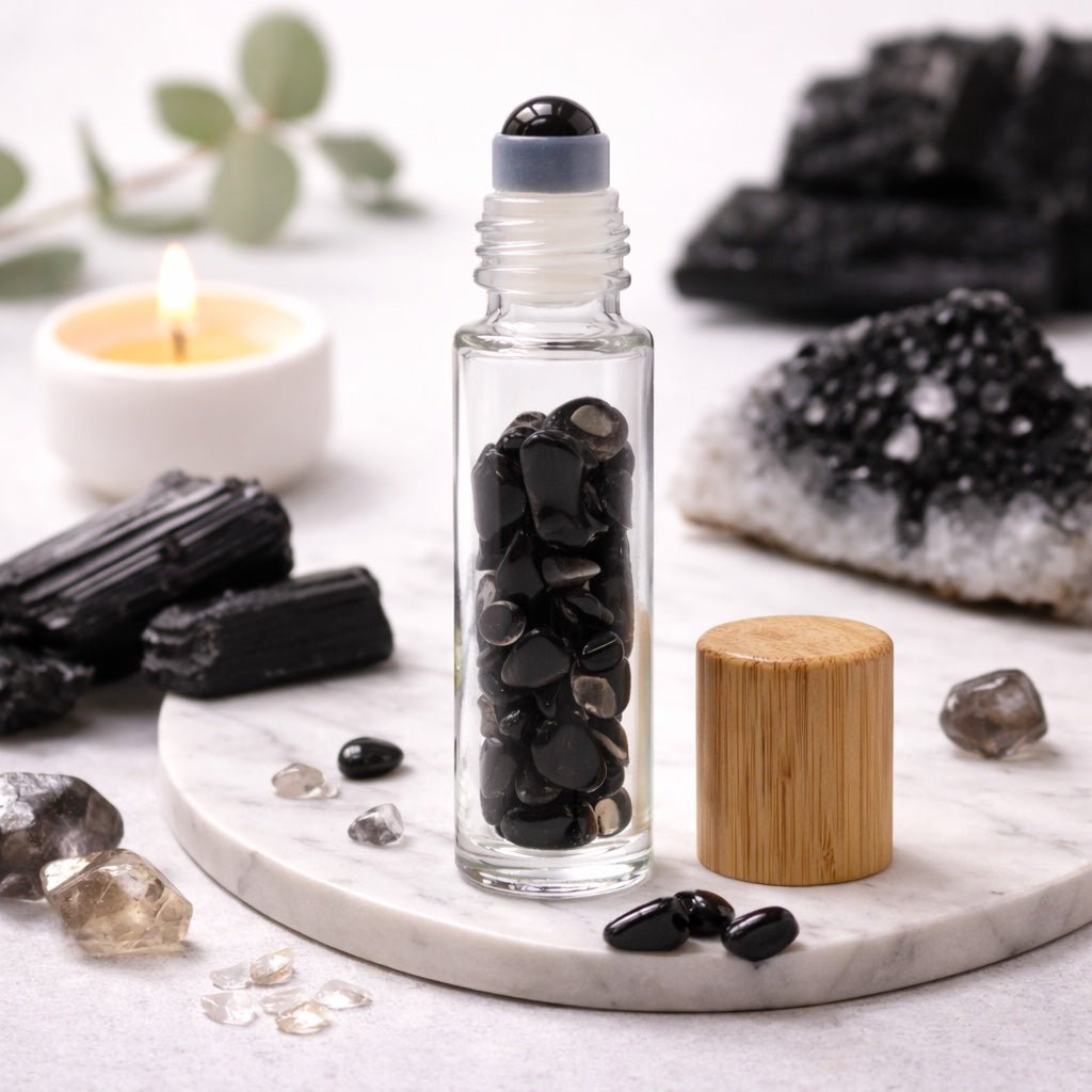 Gemstone Essential Oil Roller Bottle - Black Tourmaline - Wooden Cap - Luna Temple