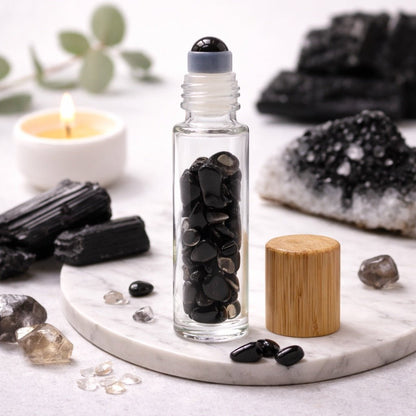 Gemstone Essential Oil Roller Bottle - Black Tourmaline - Wooden Cap - Luna Temple
