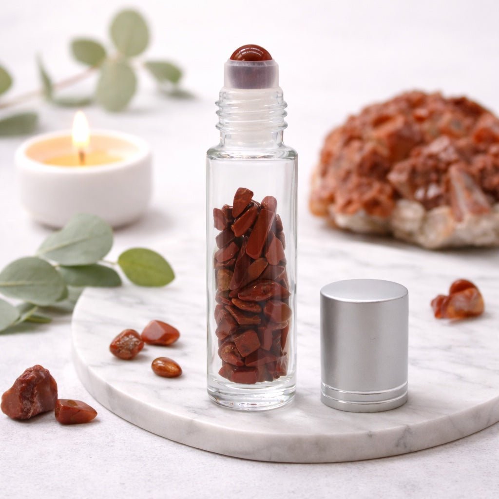 Gemstone Essential Oil Roller Bottle - Red Jasper - Silver Cap - Luna Temple