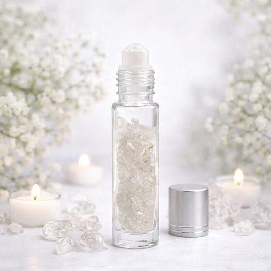 Gemstone Essential Oil Roller Bottle - Rock Quartz - Silver Cap - Luna Temple