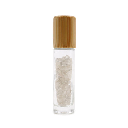 Gemstone Essential Oil Roller Bottle - Rock Quartz - Wooden Cap - Luna Temple