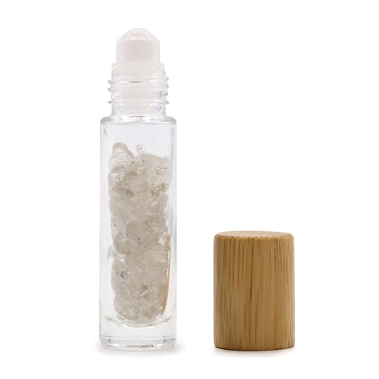 Gemstone Essential Oil Roller Bottle - Rock Quartz - Wooden Cap - Luna Temple
