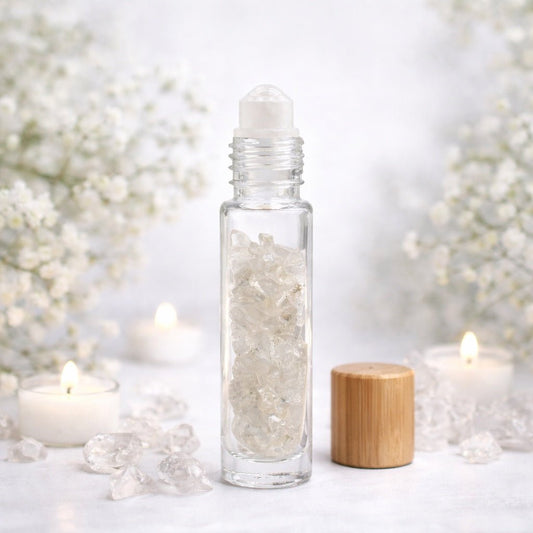 Gemstone Essential Oil Roller Bottle - Rock Quartz - Wooden Cap - Luna Temple