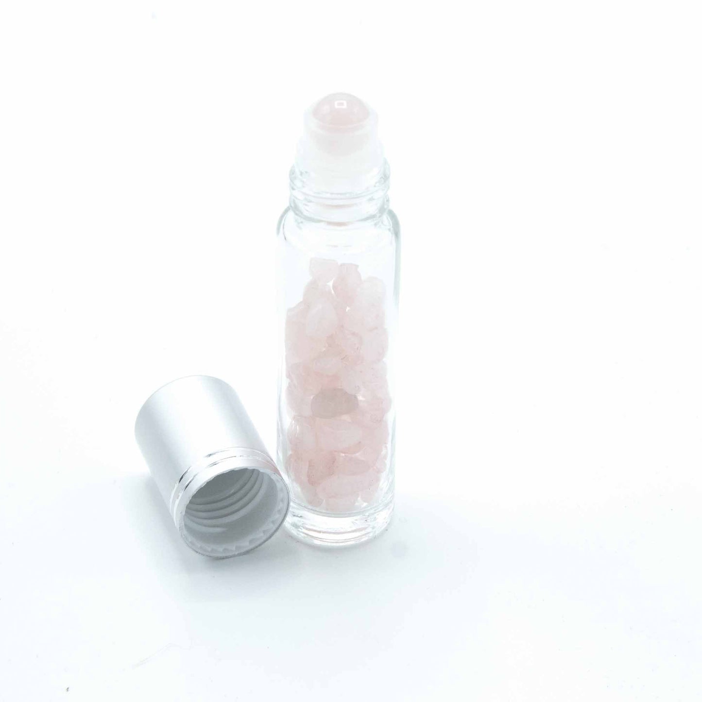 Gemstone Essential Oil Roller Bottle - Rose Quartz - Silver Cap - Luna Temple
