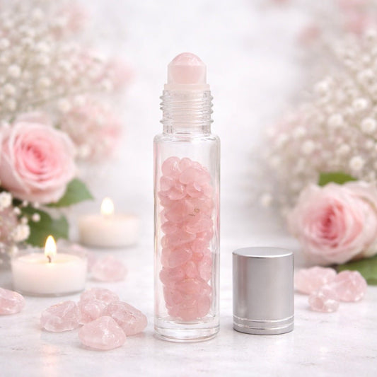 Gemstone Essential Oil Roller Bottle - Rose Quartz - Silver Cap - Luna Temple