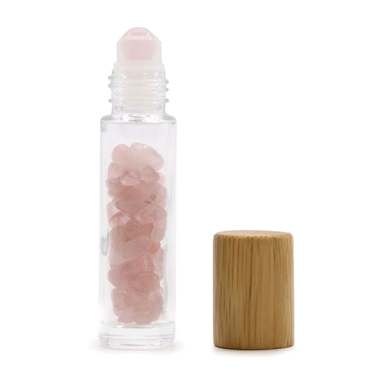 Gemstone Essential Oil Roller Bottle - Rose Quartz - Wooden Cap - Luna Temple
