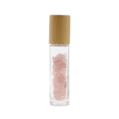 Gemstone Essential Oil Roller Bottle - Rose Quartz - Wooden Cap - Luna Temple