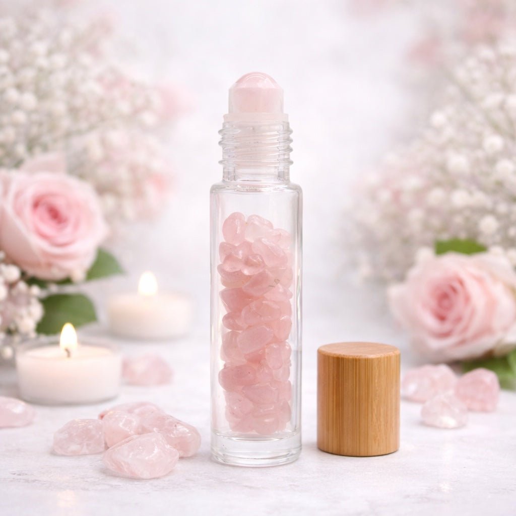 Gemstone Essential Oil Roller Bottle - Rose Quartz - Wooden Cap - Luna Temple