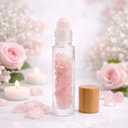 Gemstone Essential Oil Roller Bottle - Rose Quartz - Wooden Cap - Luna Temple