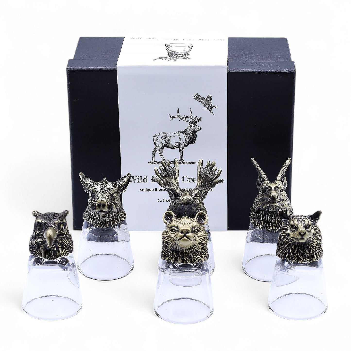 Gift Set of 6 Shot Glasses (50ml) - Wild Forest Creatures - Antique Bronze - Luna Temple