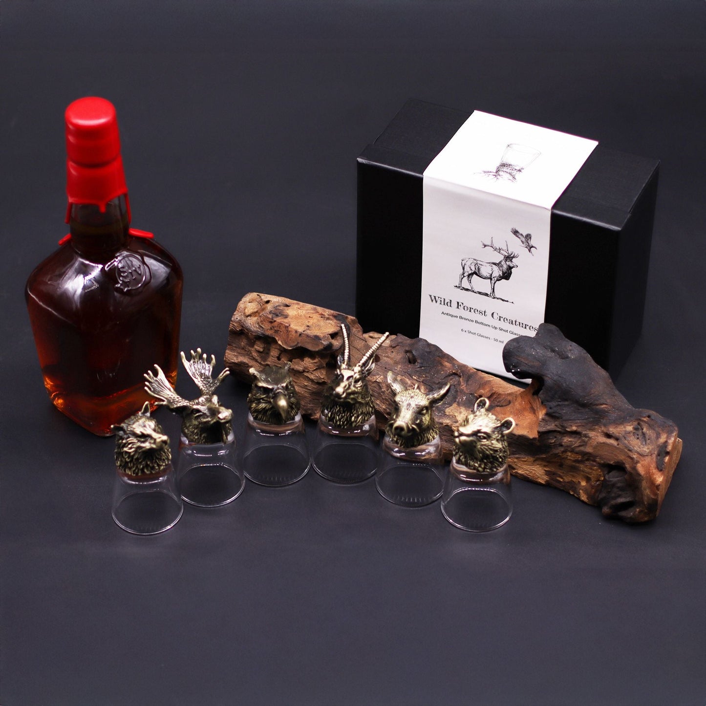 Gift Set of 6 Shot Glasses (50ml) - Wild Forest Creatures - Antique Bronze - Luna Temple