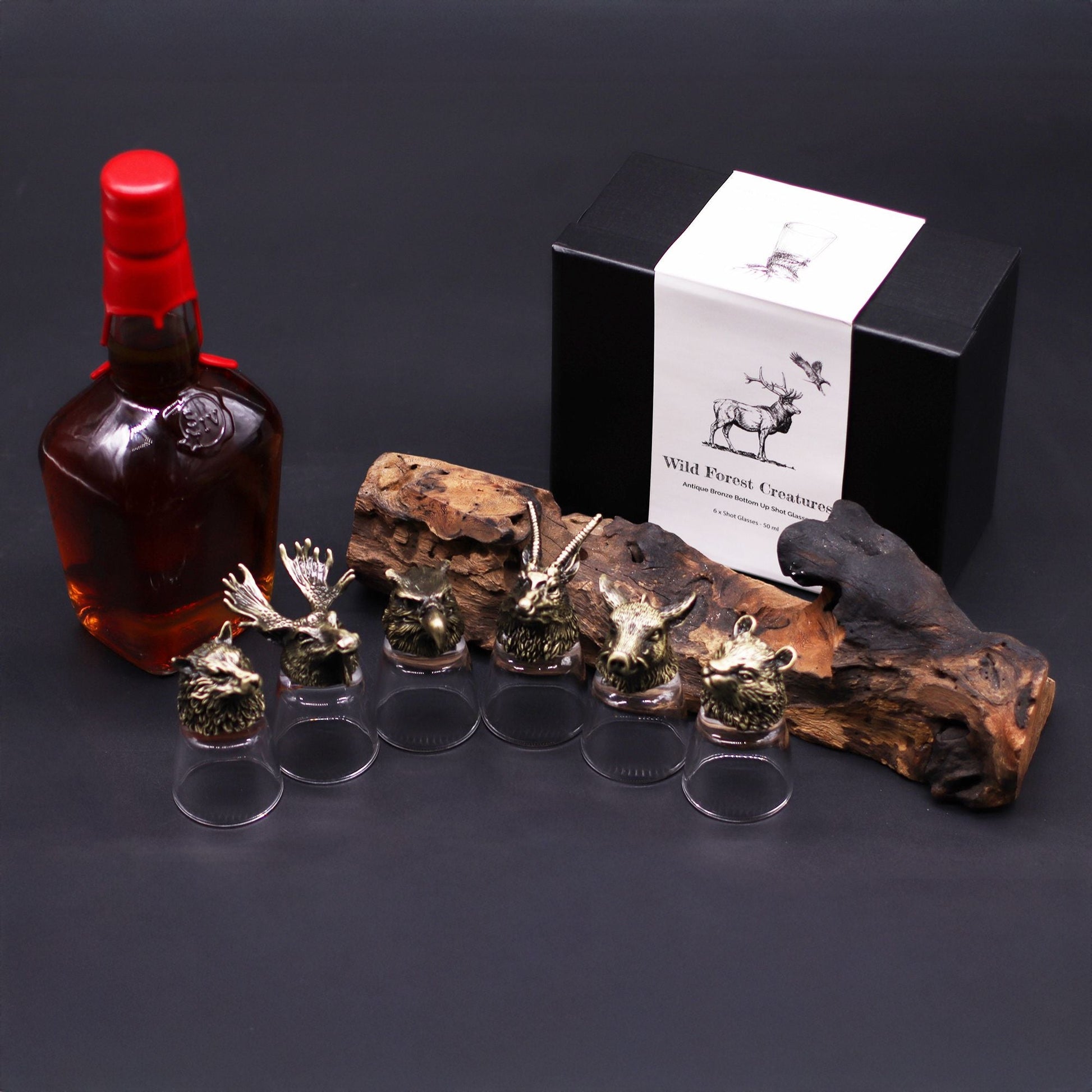 Gift Set of 6 Shot Glasses (50ml) - Wild Forest Creatures - Antique Bronze - Luna Temple