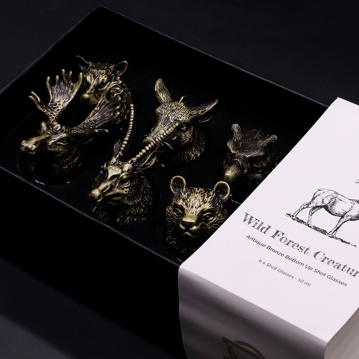 Gift Set of 6 Shot Glasses (50ml) - Wild Forest Creatures - Antique Bronze - Luna Temple