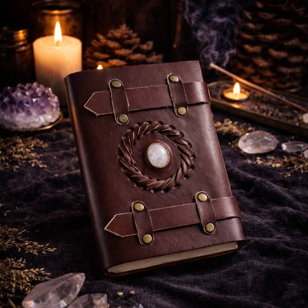 Leather Moonstone Notebook with Belts - Luna Temple