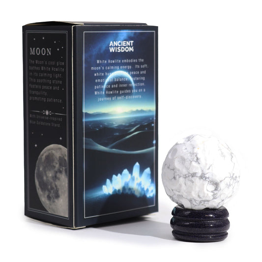 White Howlite Planet on a Sola Goldstone Stand (MOON) - Luna Temple