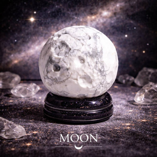 White Howlite Planet on a Sola Goldstone Stand (MOON) - Luna Temple