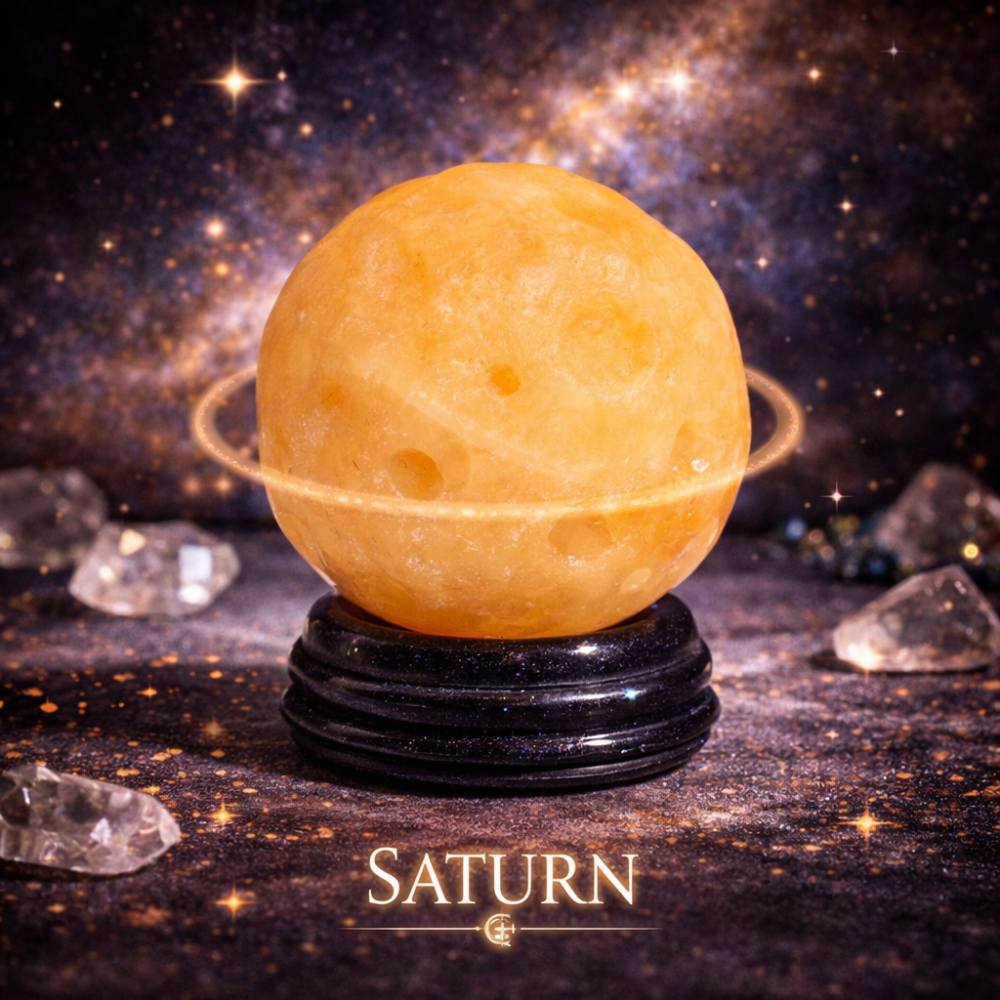Yellow Jade Planet on a Sola Goldstone Stand (SATURN) - Luna Temple