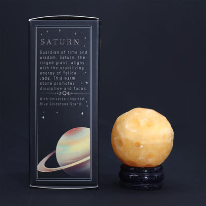 Yellow Jade Planet on a Sola Goldstone Stand (SATURN) - Luna Temple