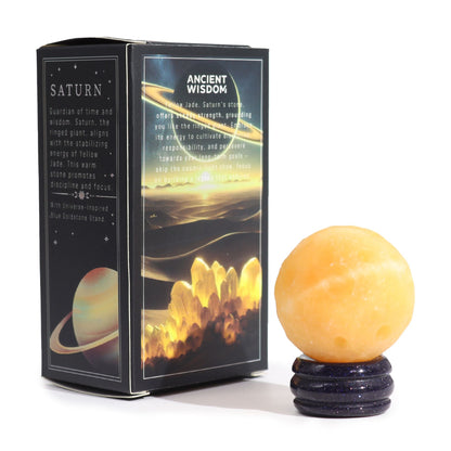 Yellow Jade Planet on a Sola Goldstone Stand (SATURN) - Luna Temple
